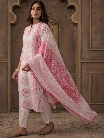 Women Ethnic Motifs Printed Regular Pure Cotton Kurta with Trousers & With Dupatta