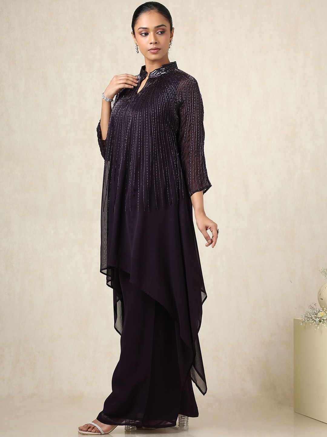 Dhiyona SO Women's Mandarin Collar Beads And Stones A-Line Kurta With Palazzos