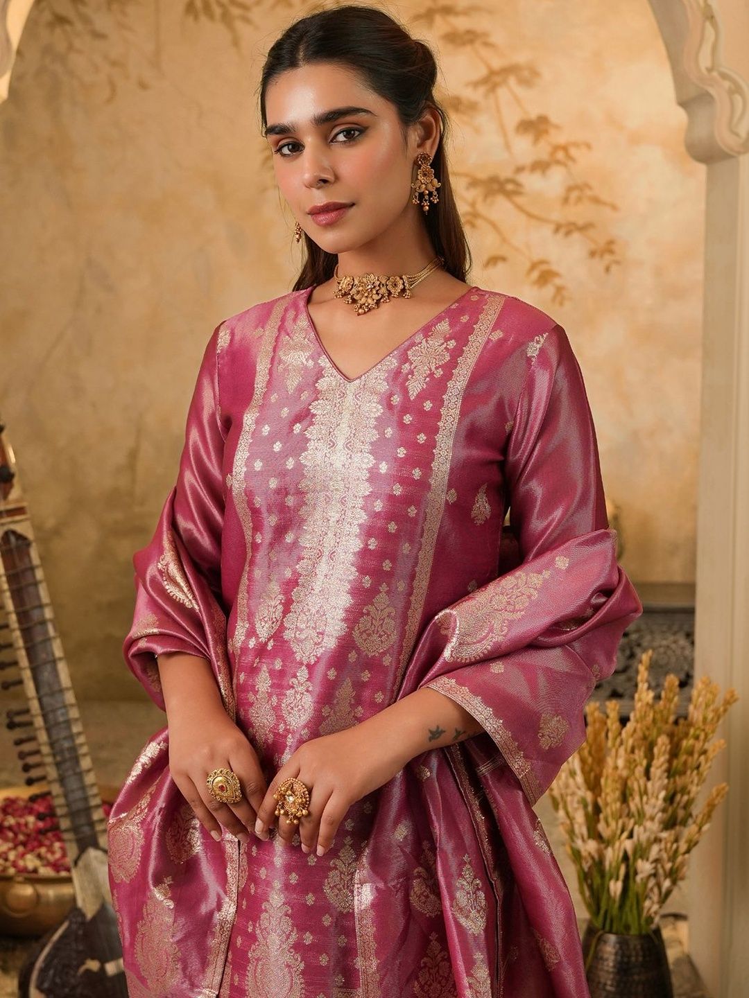 Women Ethnic Motifs Regular Kurta with Trousers & With Dupatta