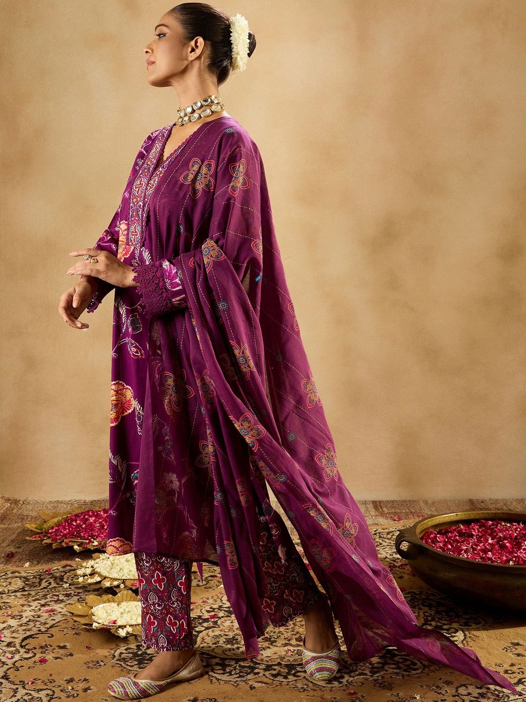 Ethnic Motifs Printed Regular Pure Cotton Kurta With Trouser And Dupatta