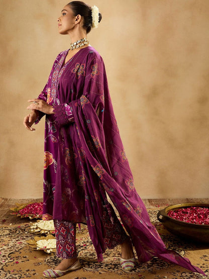 Ethnic Motifs Printed Regular Pure Cotton Kurta With Trouser And Dupatta