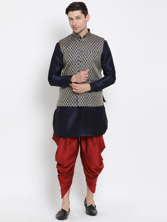 Men's Dark Blue Silk Blend Straight Jacket  Kurta and Dhoti Set