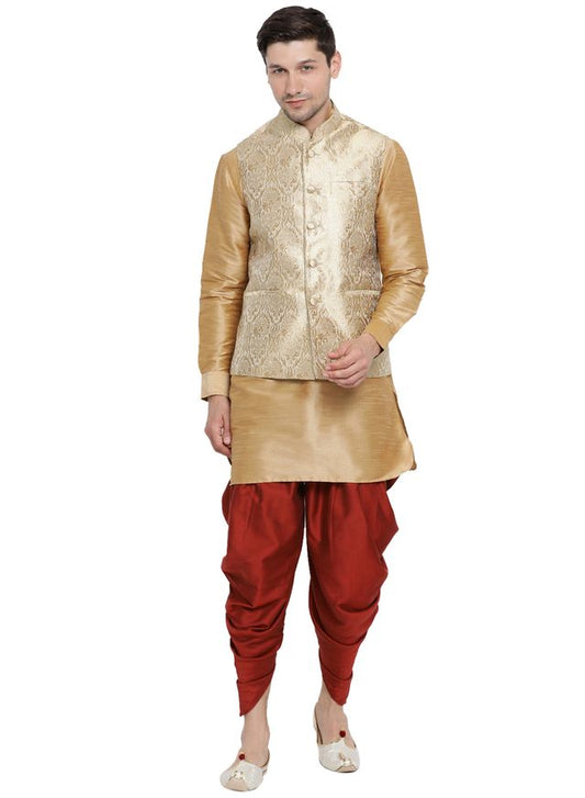 Men's Gold Silk Blend Straight Jacket  Kurta and Dhoti Set