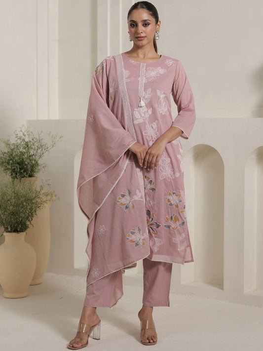 Women Floral Embroidered Pure Cotton Kurta with Trousers & With Dupatta