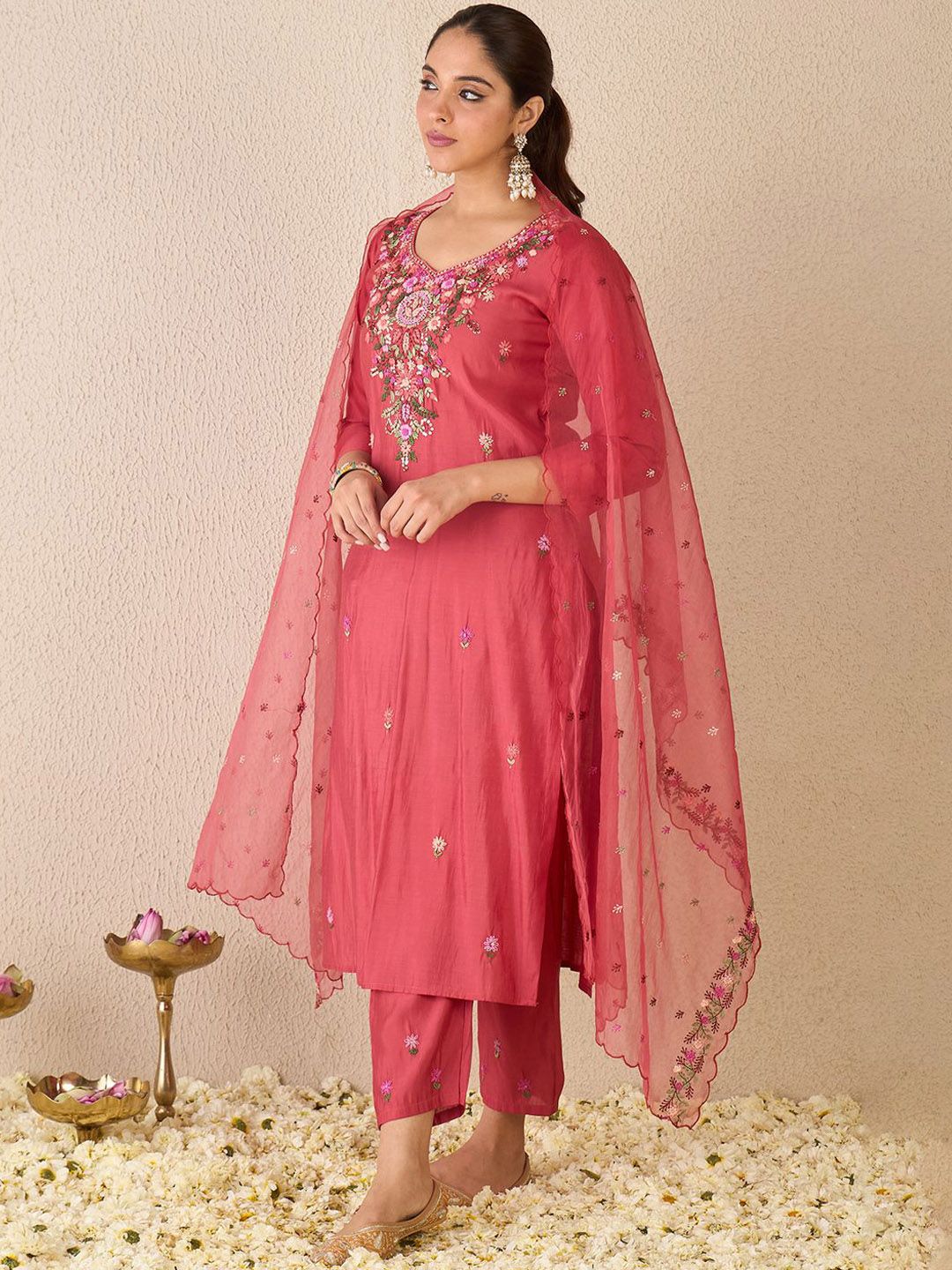 Dhiyona IE Floral Embroidered Stone & Beads Work V Neck Kurta With Trousers & Dupatta