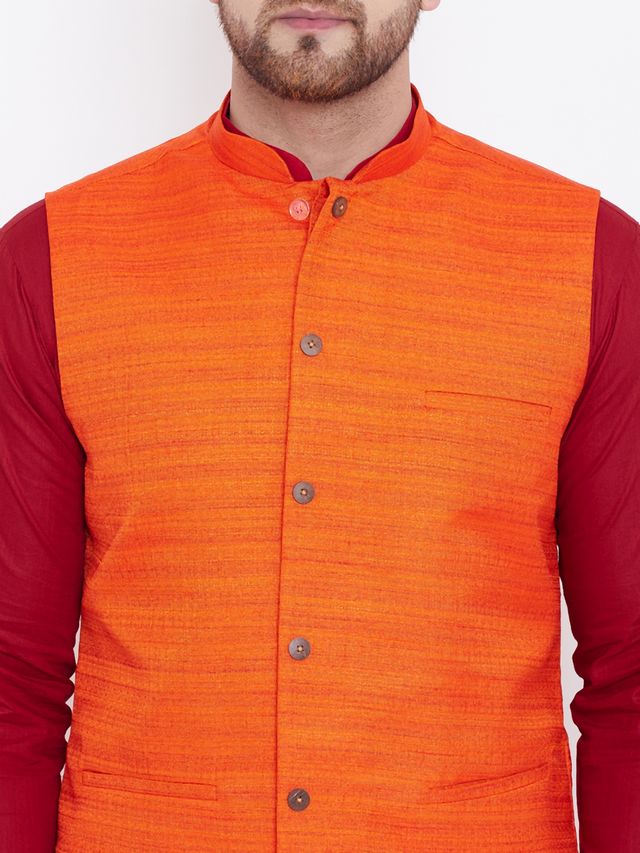 Men's Maroon Cotton Blend Straight Jacket  Kurta and Pyjama Set