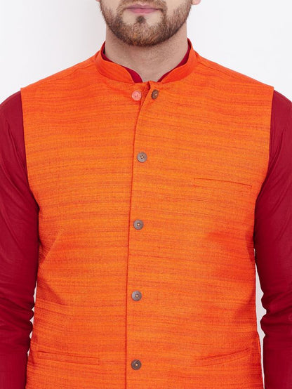 Men's Maroon Cotton Blend Straight Jacket  Kurta and Pyjama Set