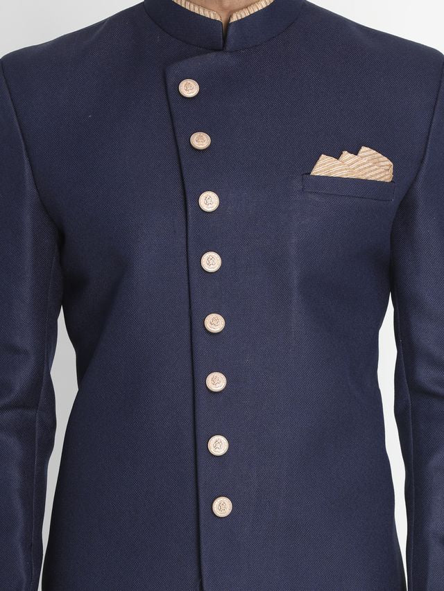 Men's Dark Blue Polyester Lurex Blend Straight Sherwani Set