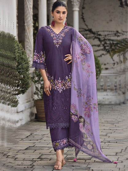 Dhiyona VA Women'sFloral Embroidered V Neck Thread Work Pure Cotton Kurta With Trouser And Dupatta