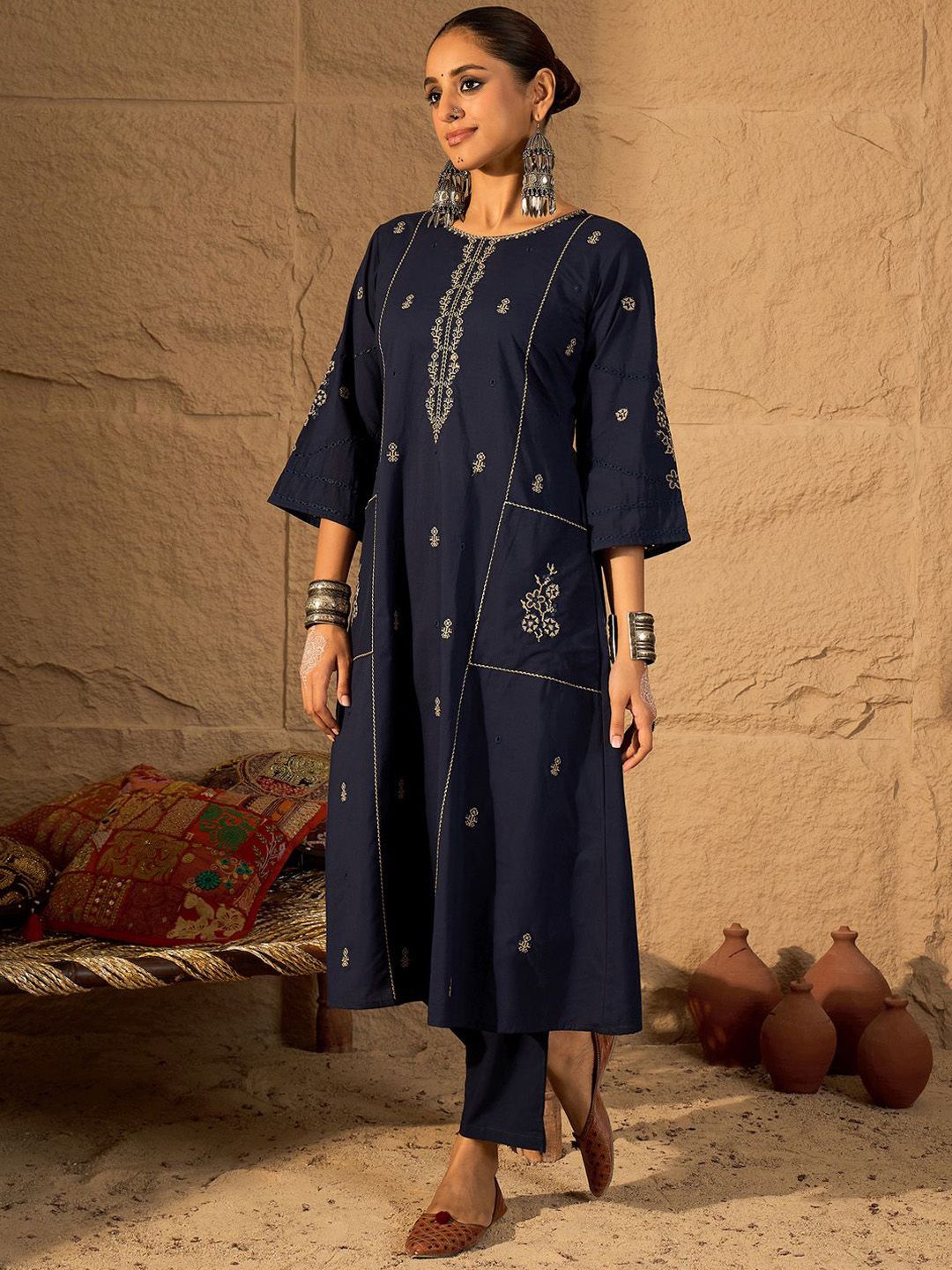 Women Ethnic Motifs Embroidered Pure Cotton A-Line Kurta with Trouser