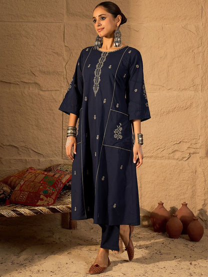 Women Ethnic Motifs Embroidered Pure Cotton A-Line Kurta with Trouser