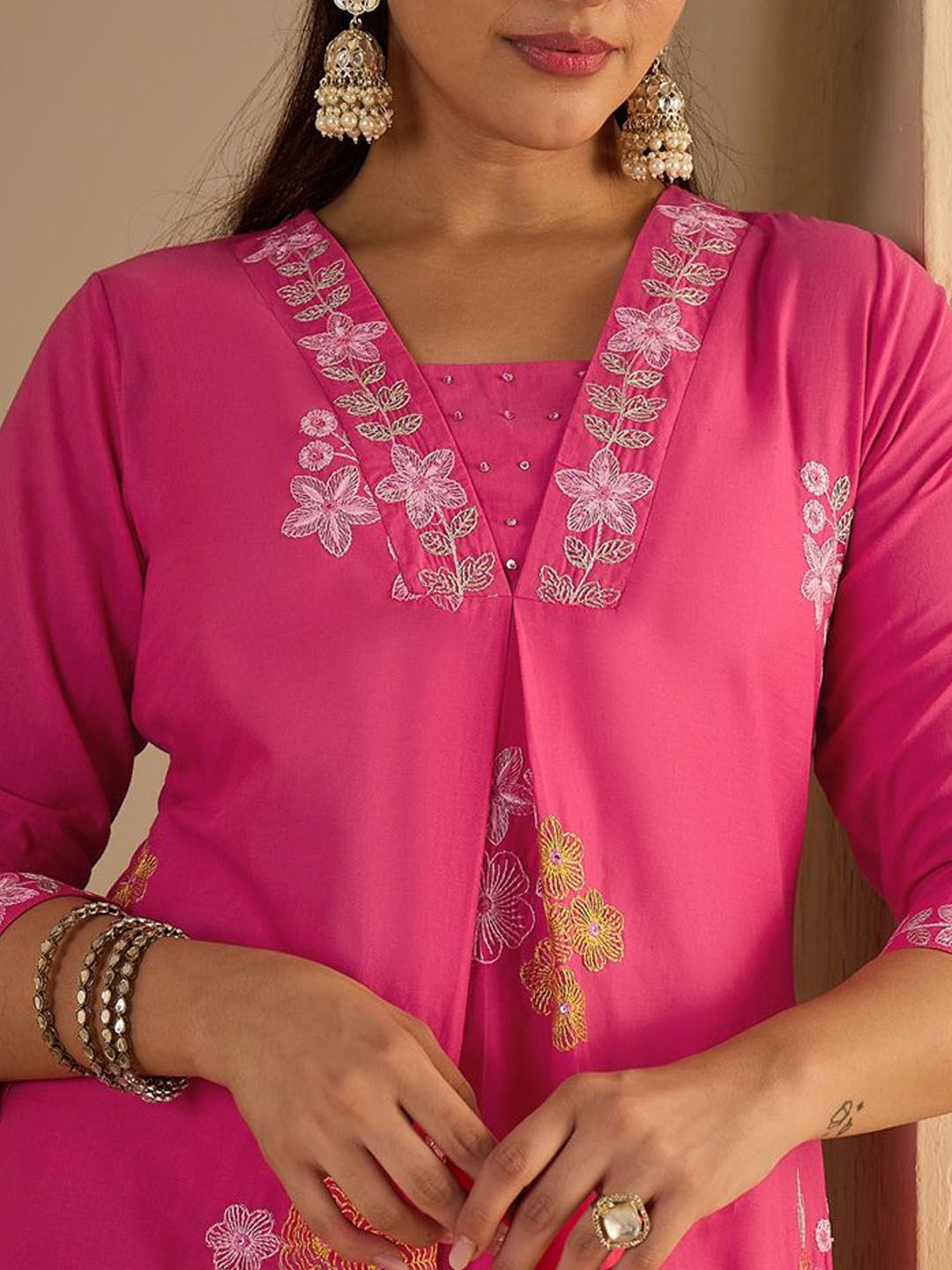 Dhiyona IE Women's Women Floral Printed Pure Cotton A-Line Kurta with Palazzos