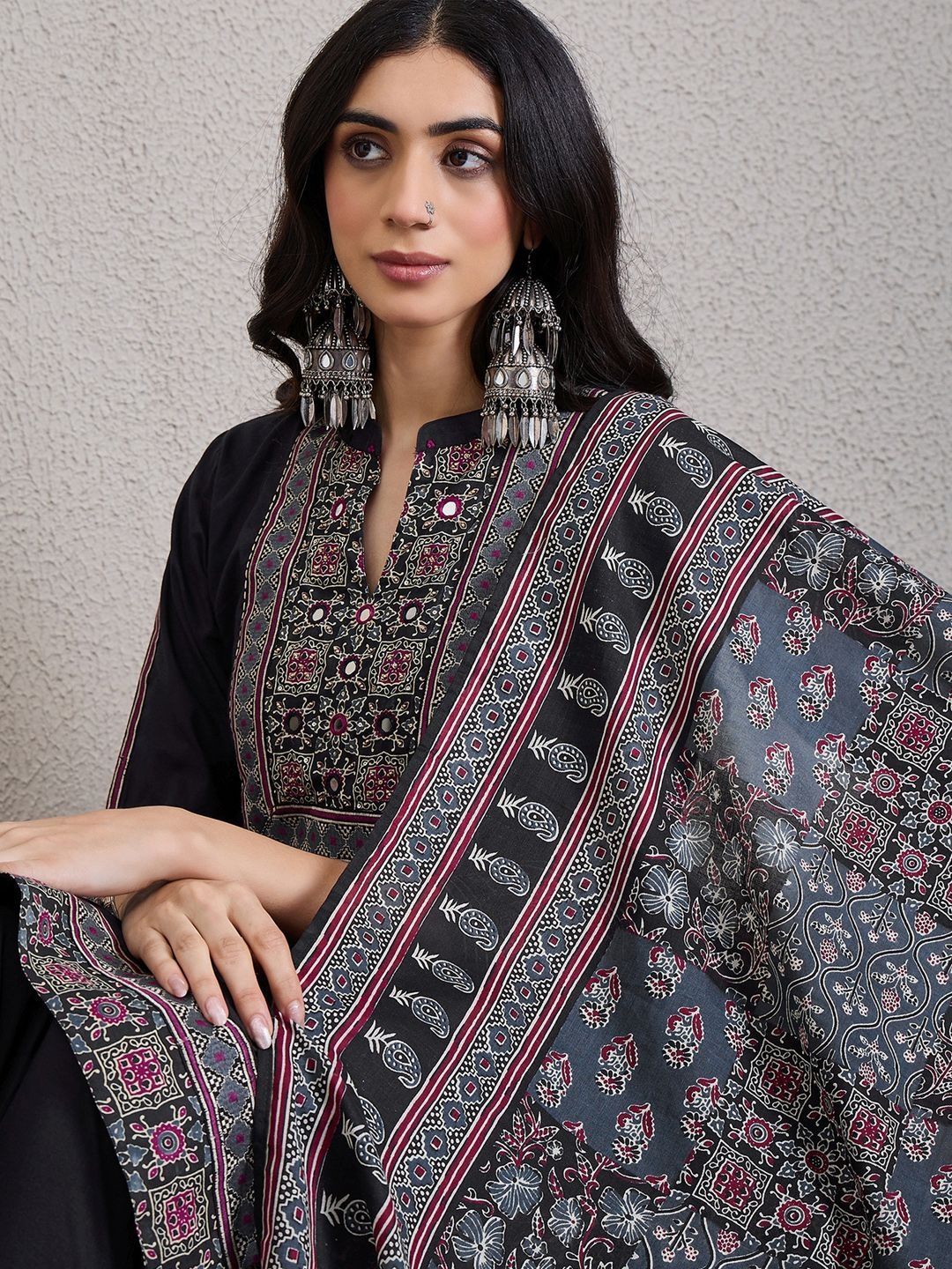 Ethnic Motifs Embroidered Mirror Work Pure Cotton Kurta With Trousers & Dupatta