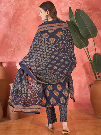 Dhiyona SN Women's Ethnic Motifs Printed Pure Cotton Straight Kurta With Trousers & Dupatta
