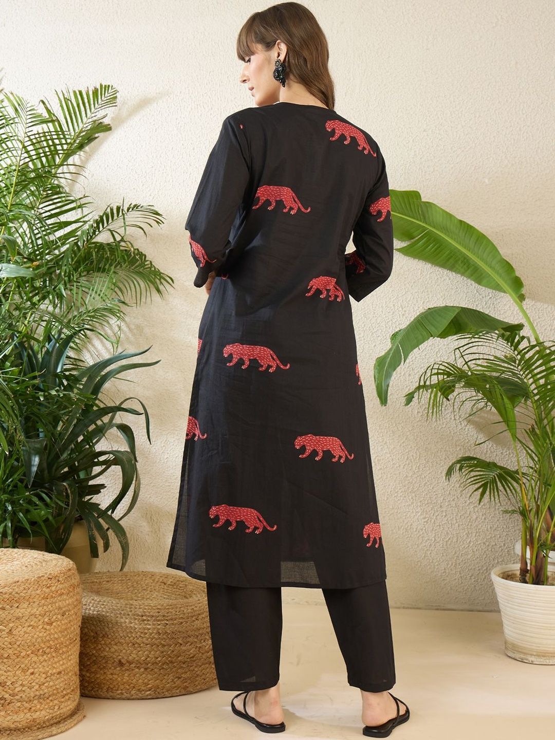 Women Animal Printed Tiered Thread Work Pure Cotton Kurta with Trousers