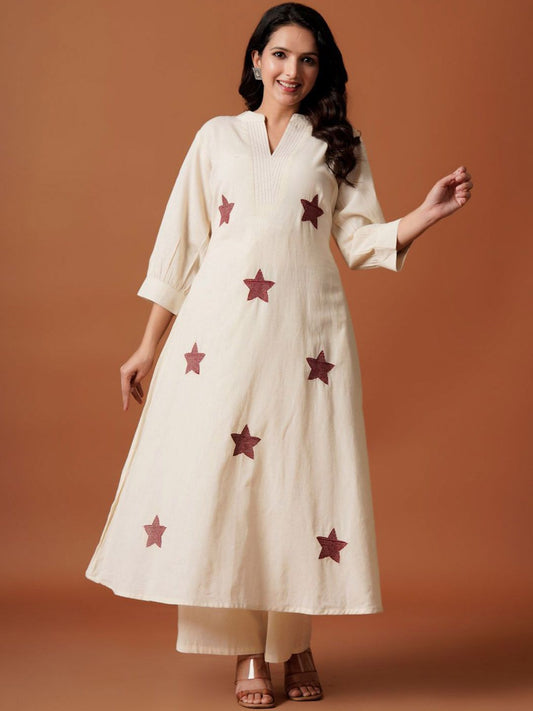 Dhiyona IE Embroidered Mandarin Collar Pure Cotton A-Line Top With Trousers