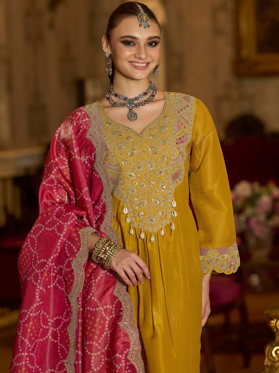 Ethnic Motifs Embroidered A-Line Bandhani Zari Kurta With Trousers & Dupatta