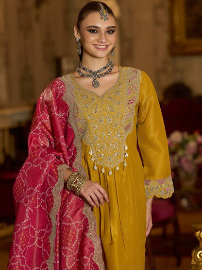 Ethnic Motifs Embroidered A-Line Bandhani Zari Kurta With Trousers & Dupatta