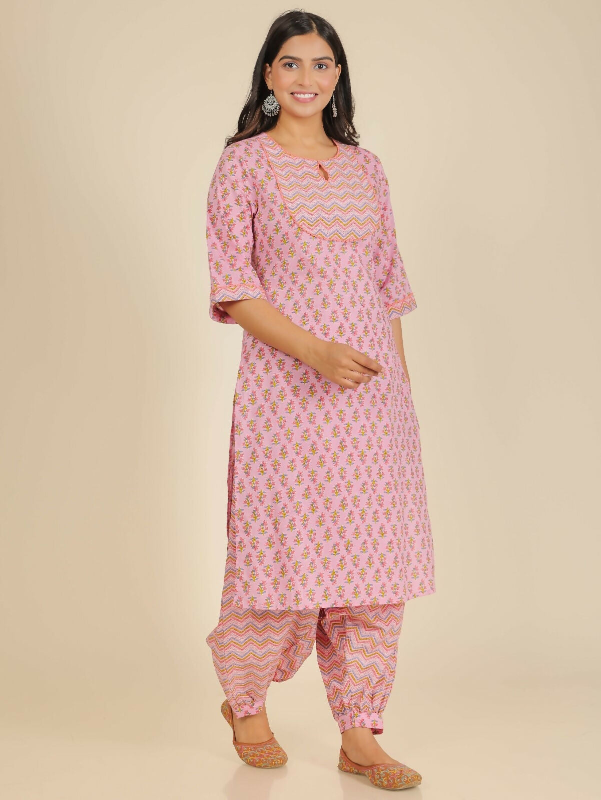 Women's Pink Soft Cotton Floral Straight Kurta for Women