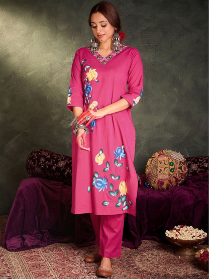 Women Floral Printed Regular Thread Work Pure Cotton Kurta with Trousers & With Dupatta