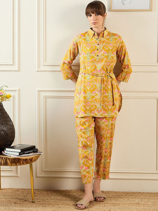 Dhiyona IE Floral Printed Shirt Collar Tunic & Trousers