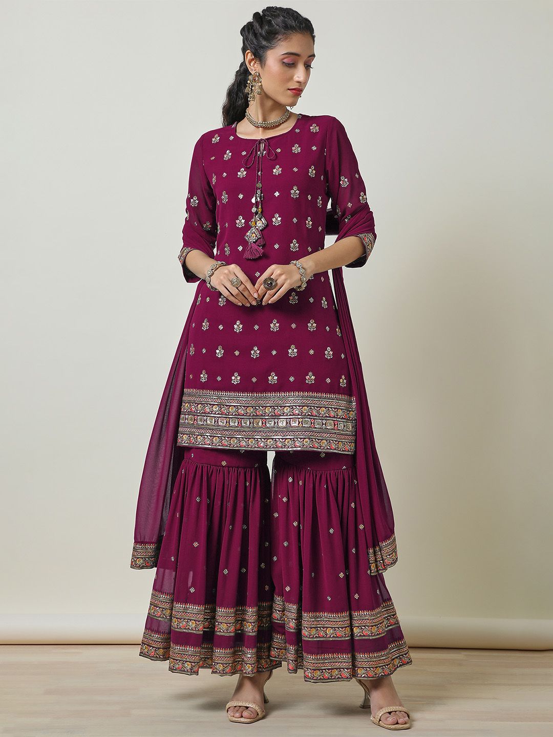 Dhiyona SO Women's Floral Embroidered Georgette Straight Kurti With Sharara & Dupatta