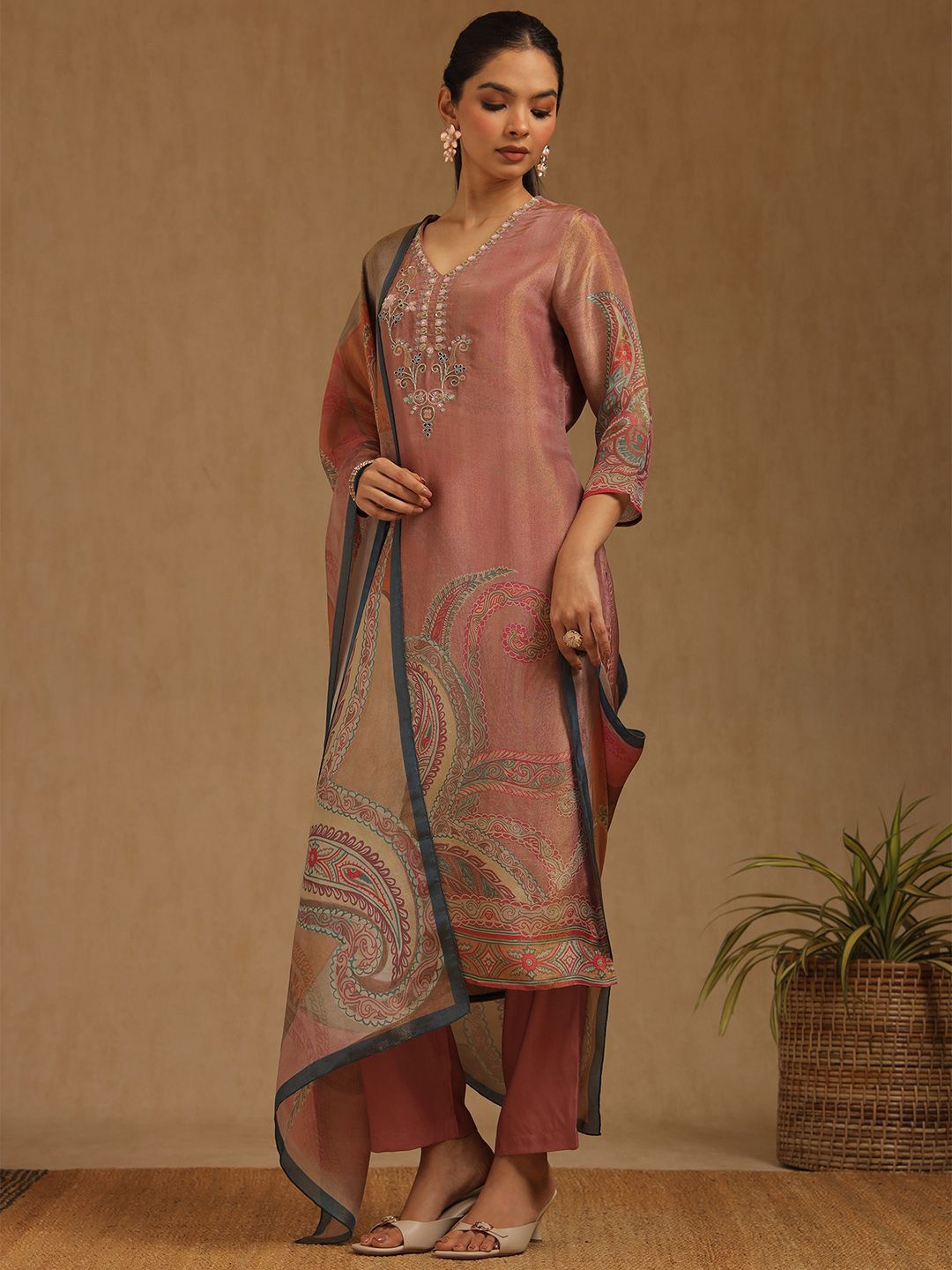Dhiyona SO Women's Floral Printed V-Neck Beads And Stones Straight Kurta With Trousers And Dupatta