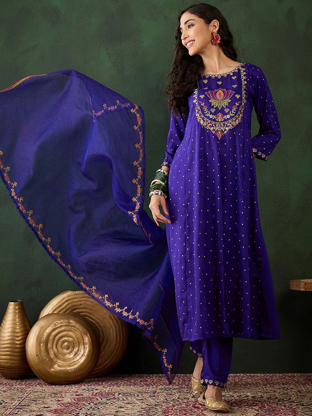 Dhiyona SN Women's Floral Embroidered A Line Kurta & Trouser With Dupatta