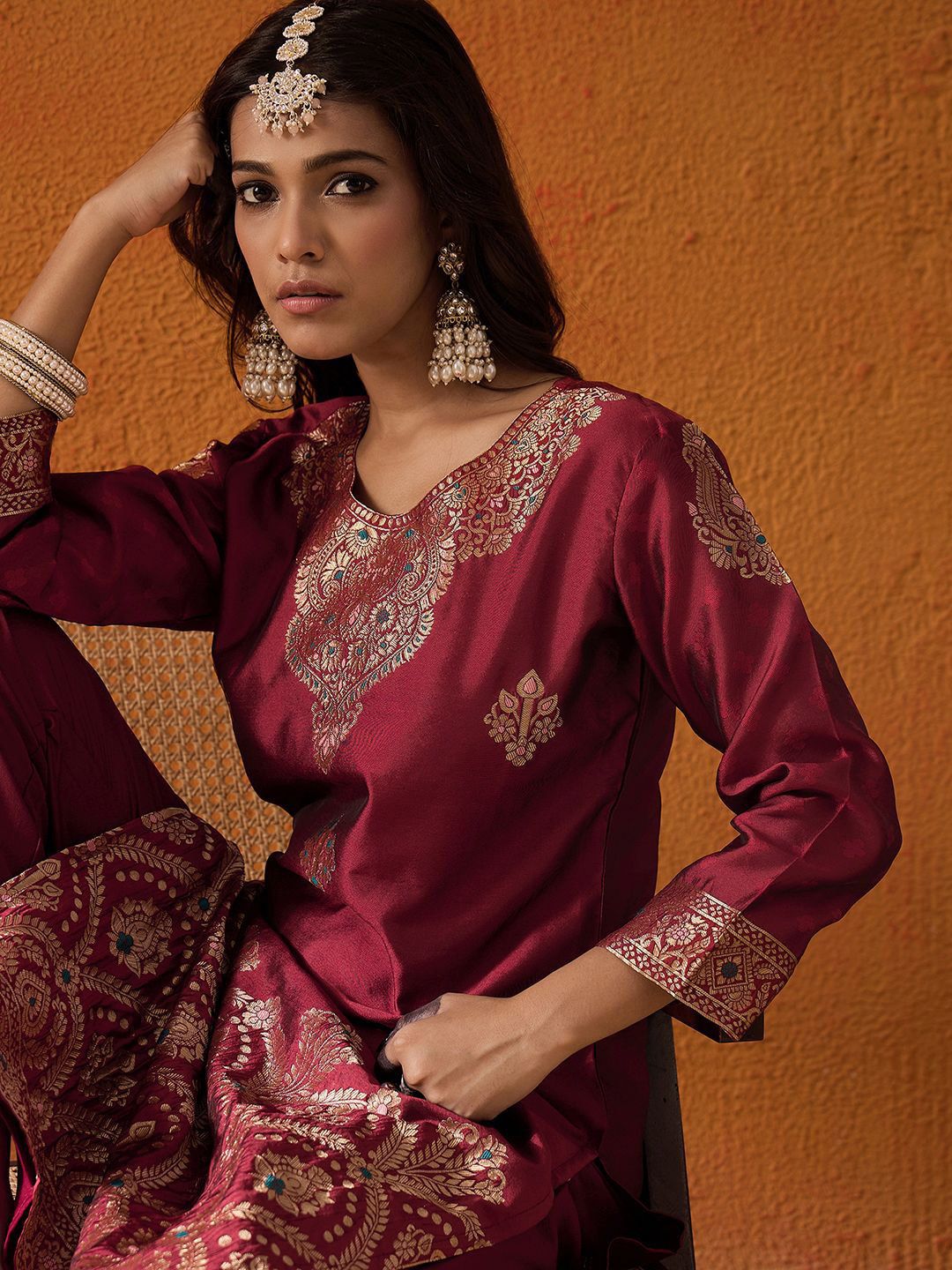 Maroon Floral Woven Design Straight Kurta with Trousers