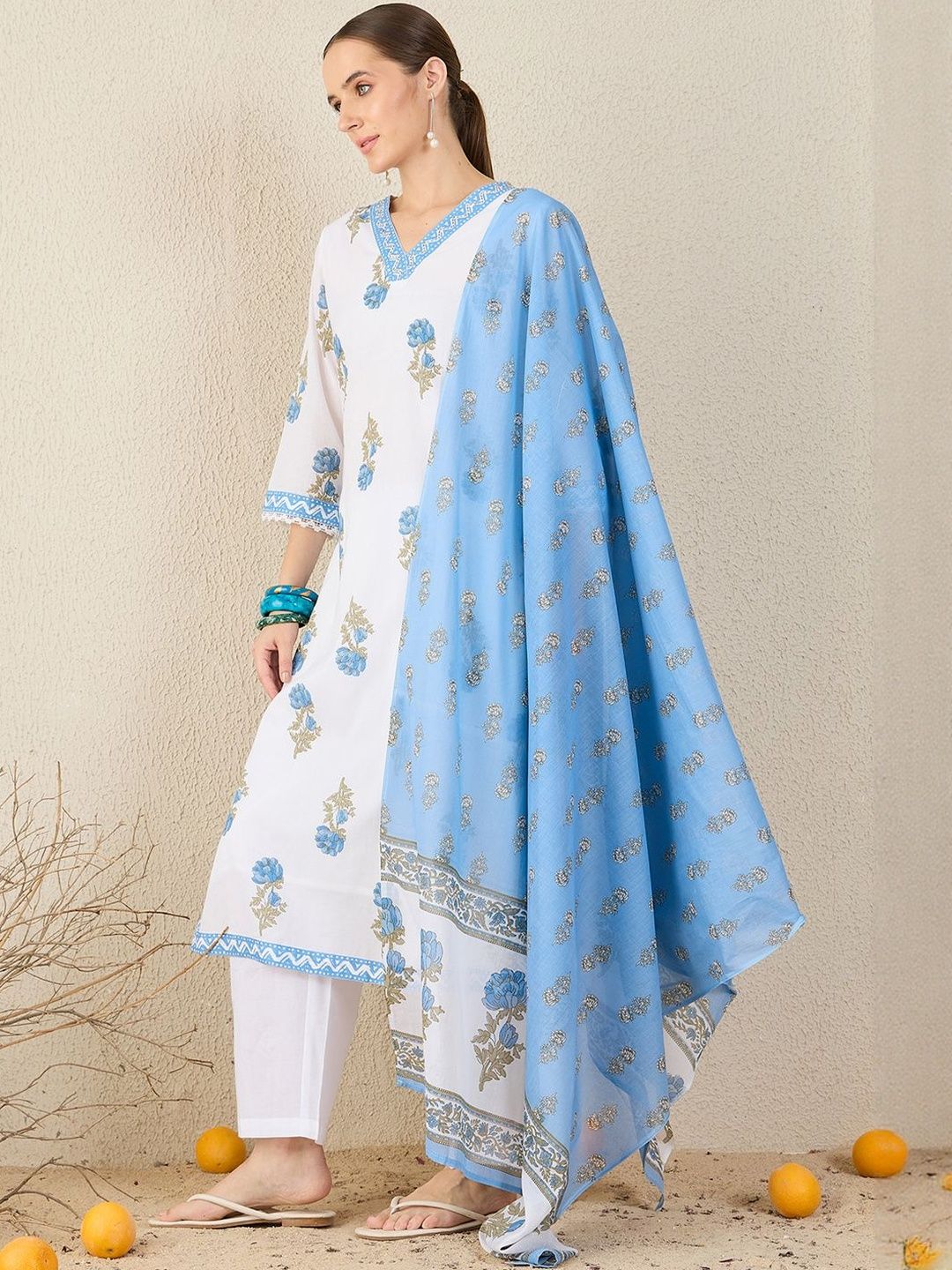 Floral Printed V-Neck Sequinned Pure Cotton Straight Kurta & Trouser With Dupatta