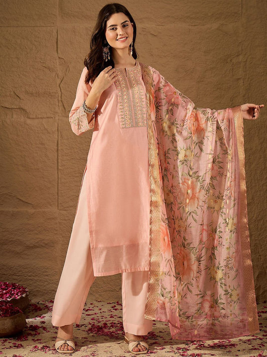 Dhiyona PD Women Embroidered Round Neck Kurta Trouser Dupatta Set