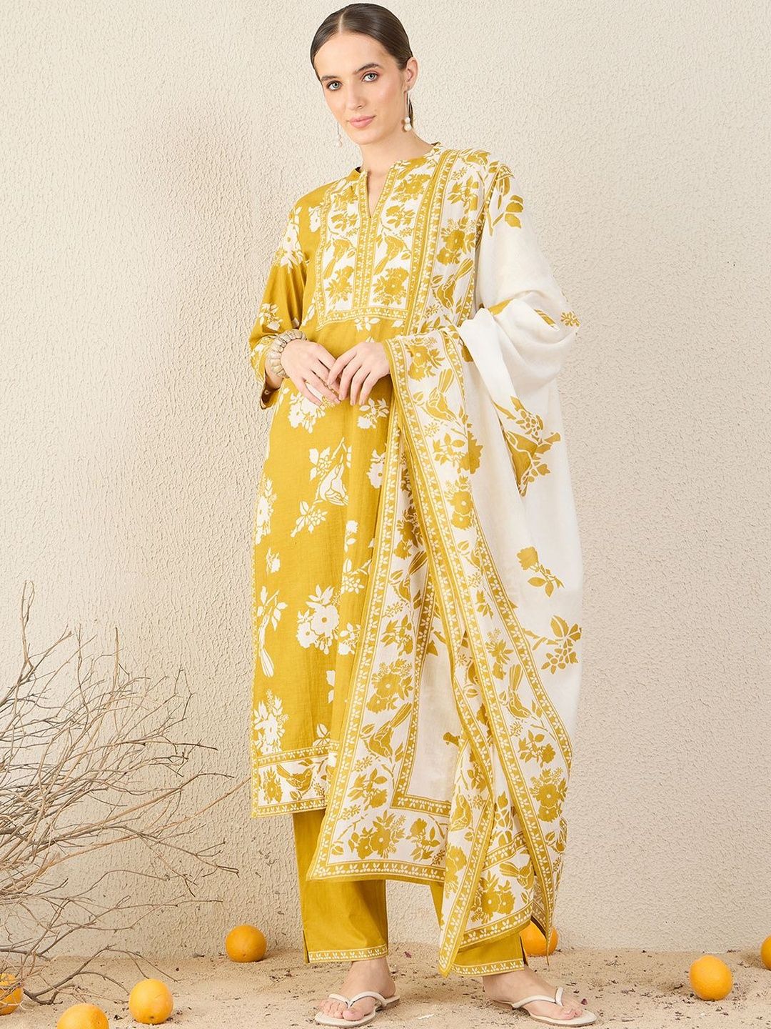 Floral Printed Straight Pure Cotton Kurta With Trousers & Dupatta