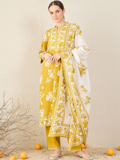Floral Printed Straight Pure Cotton Kurta With Trousers & Dupatta