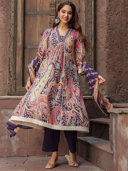 Dhiyona RR Women's Paisley Printed Thread Work Pure Cotton Kurta with Trousers & Dupatta