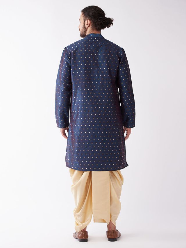 Men's Blue Silk Blend Straight Kurta and Dhoti Set