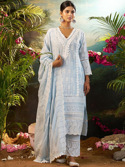 Women Ethnic Motifs Embroidered Regular Thread Work Pure Cotton Kurta with Trousers & With Dupatta