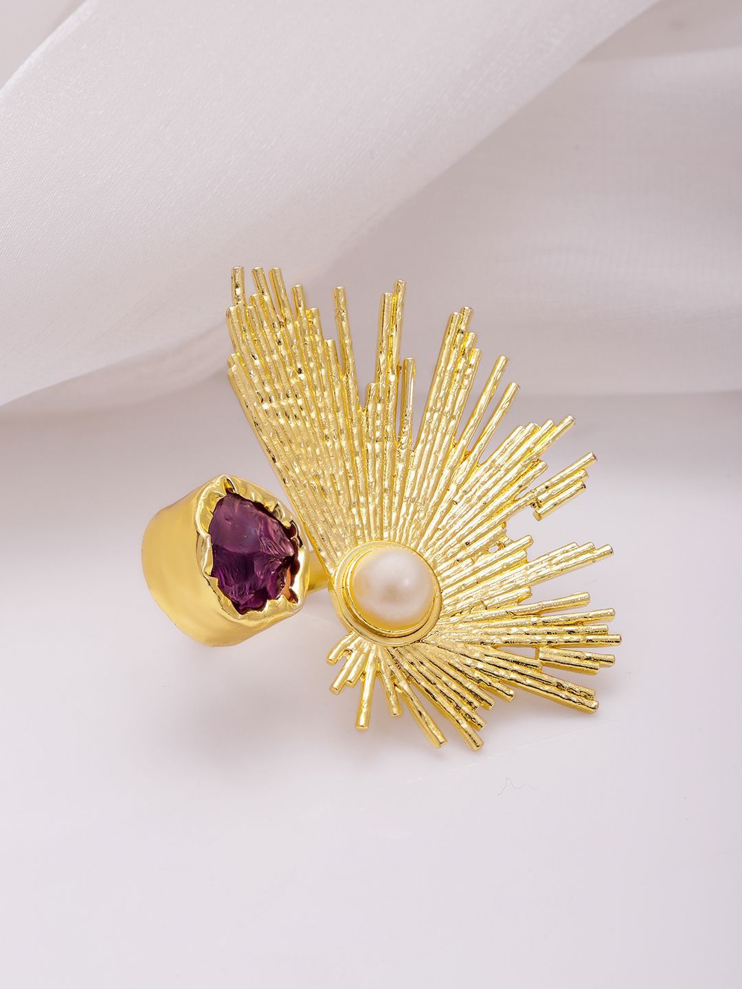 Dhiyona RJ Women's 18K Gold-Plated Abstract Sunburst Design Pearl & Amethyst Adjustable Finger Ring