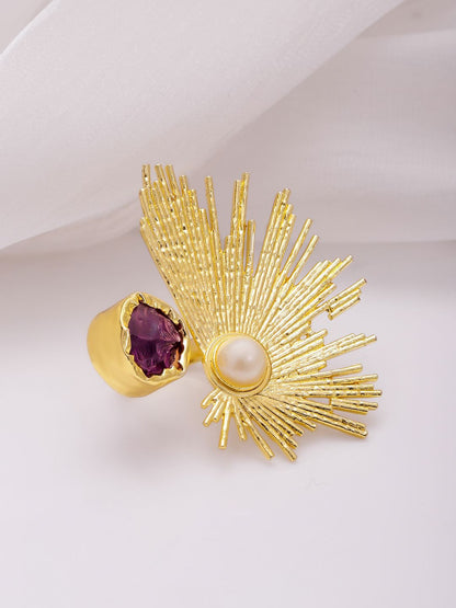 Dhiyona RJ Women's 18K Gold-Plated Abstract Sunburst Design Pearl & Amethyst Adjustable Finger Ring