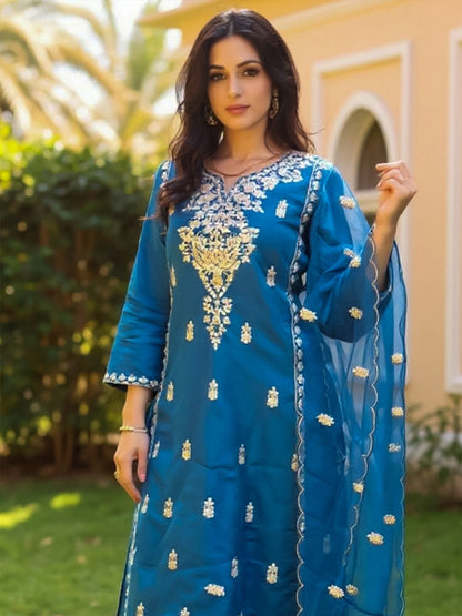 Dhiyona IE Women's Women Ethnic Motifs Embroidered Thread Work Kurta with Trousers & Dupatta