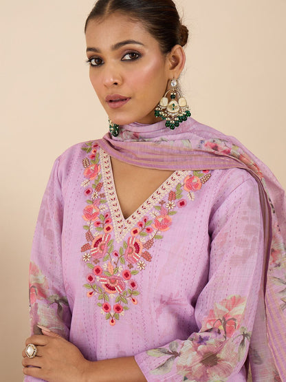 Women Floral Printed Regular Thread Work Linen Kurta with Trousers & With Dupatta