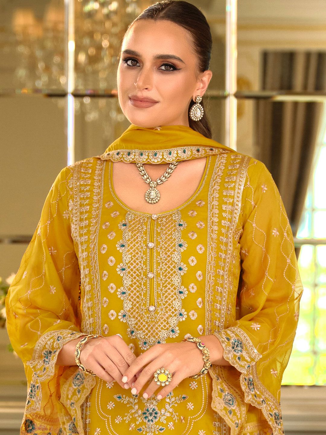 Dhiyona IE Adults-Women Woven Design Embroidered Kurta with Trousers & Dupatta