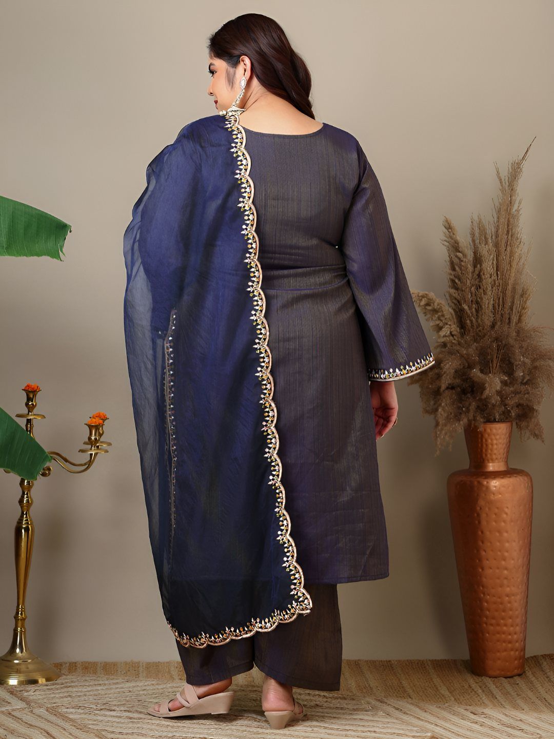 Dhiyona IN Ethnic Motifs Thread Work Straight Kurta With Palazzos & Dupatta