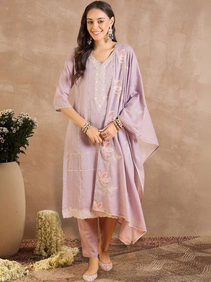 Women Floral Embroidered Regular Thread Work Pure Cotton Kurta with Trousers & With Dupatta