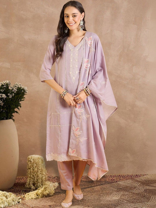 Women Floral Embroidered Regular Thread Work Pure Cotton Kurta with Trousers & With Dupatta