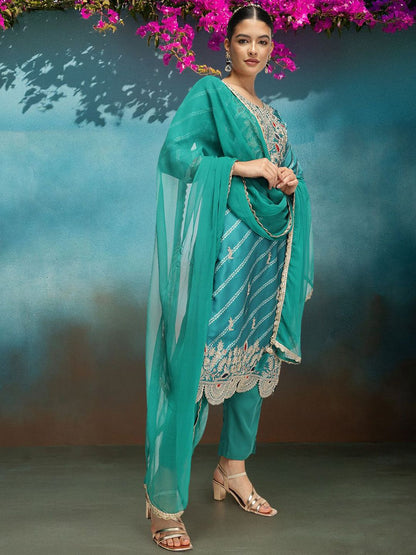 Dhiyona IS Women's Women Leheriya Embroidered Kurta with Trousers & Dupatta