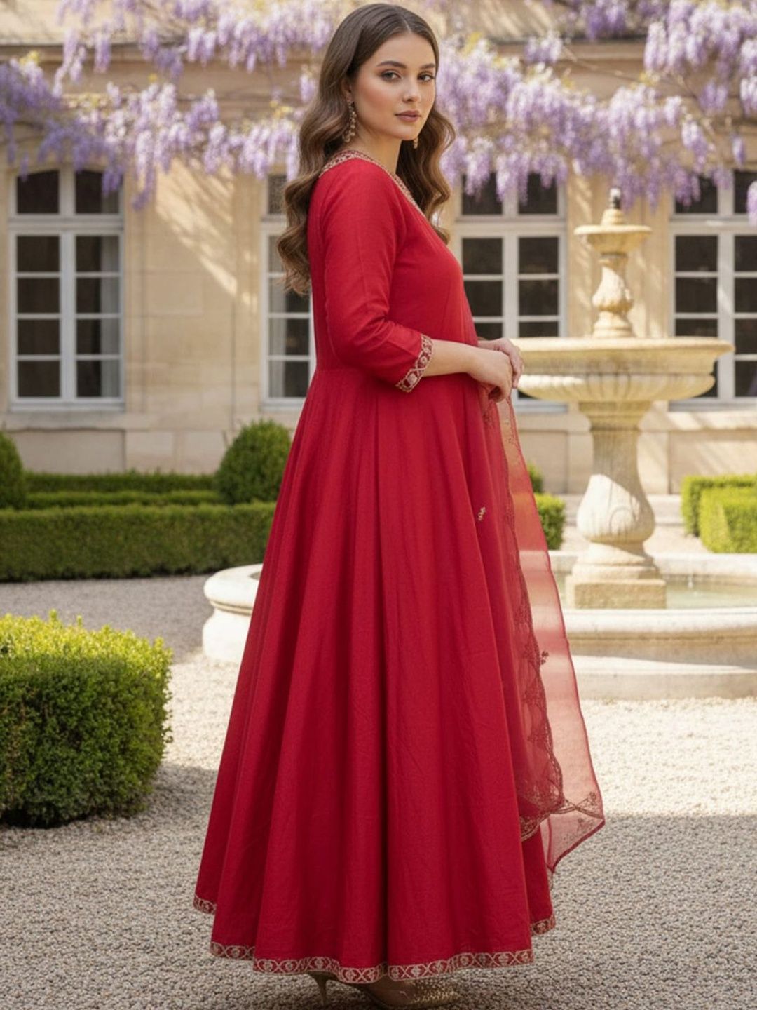 Floral Embroidered Zari Work Panelled Anarkali Kurta With Trouser & Dupatta