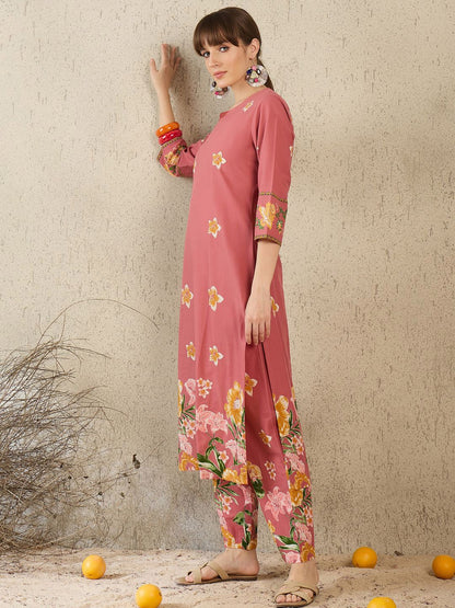 Dhiyona IE Women Printed Round Neck Cotton Top and Trousers Co-Ords