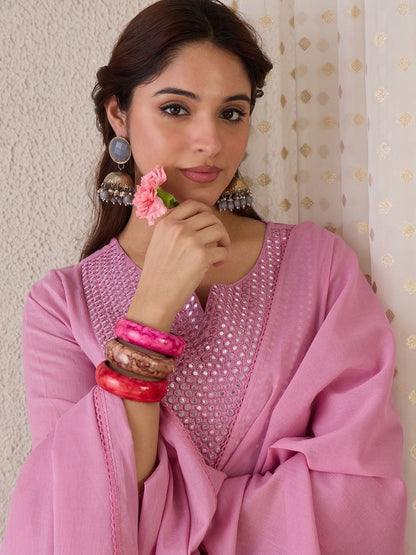 Women Pleated Mirror Work Pure Cotton Kurta with Trousers & With Dupatta