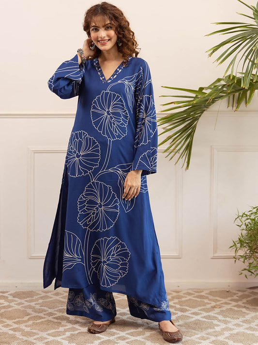 Dhiyona SN Women's Floral Printed V-Neck Straight Kurta & Palazzo