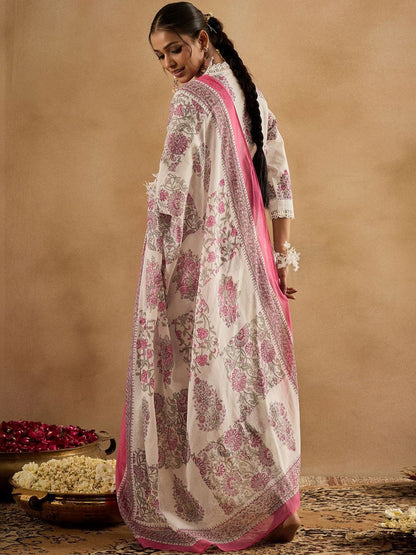 Women Floral Printed Regular Thread Work Pure Cotton Kurta with Trousers & With Dupatta